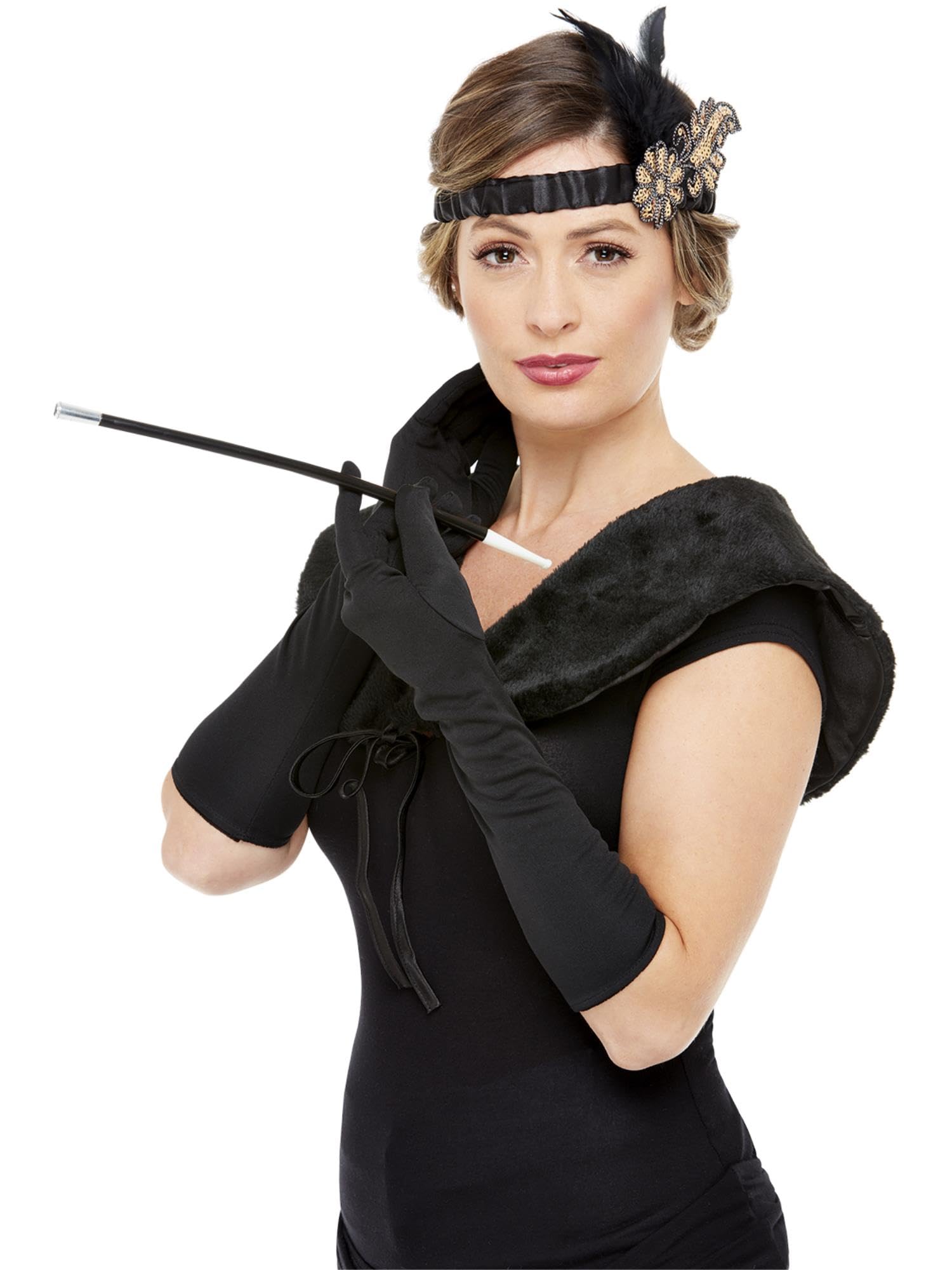 Smiffys Deluxe 20s Accessories Kit, Black & Gold Gloves, Cigarette Holder, Headband & Stole, 1920's Razzle Fancy Dress, 1920s Dress Up Accessories