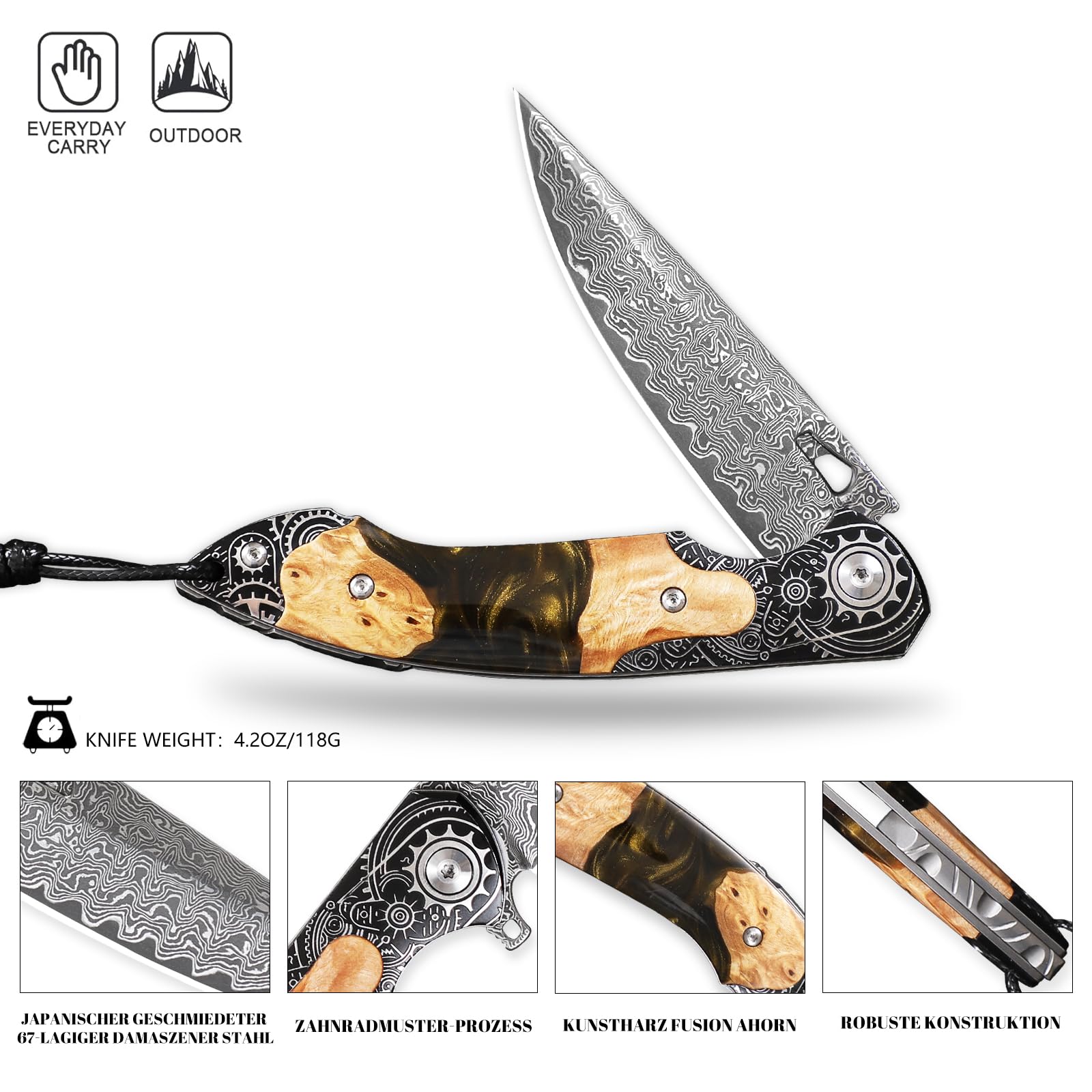 Handgefertigt Damaszener Stahl Taschenmesser, 3,5 „ Klingen Männer und Frauen Klappmesser, mit Lederscheide, Harz und Ahorn Griff, geeignet für Outdoor EDC tragen, Camping Abenteuer Jagd