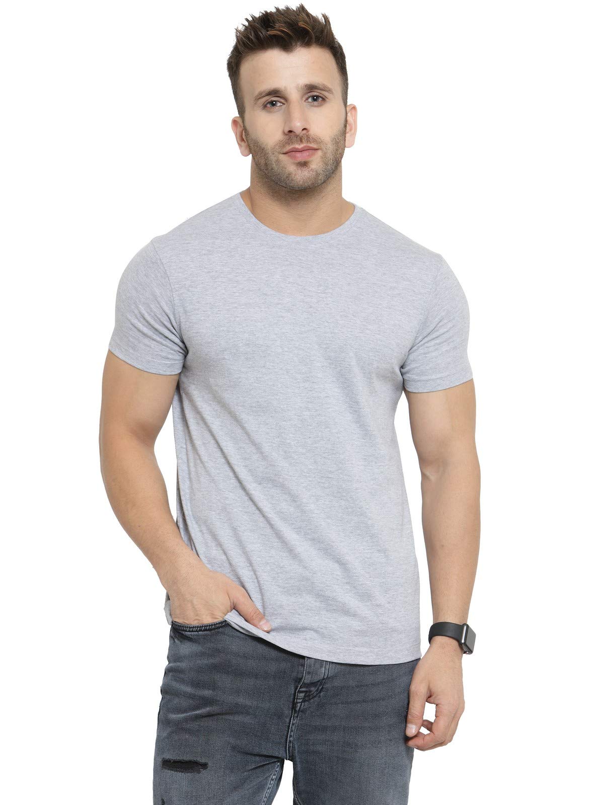 Scott International Biowash T-Shirts for Men's & Boys- Round Neck, Half Sleeves, Cotton, Regular Fit, Stylish, Branded Solid Plain Tshirt for Men- Comfortable T-Shirt Grey