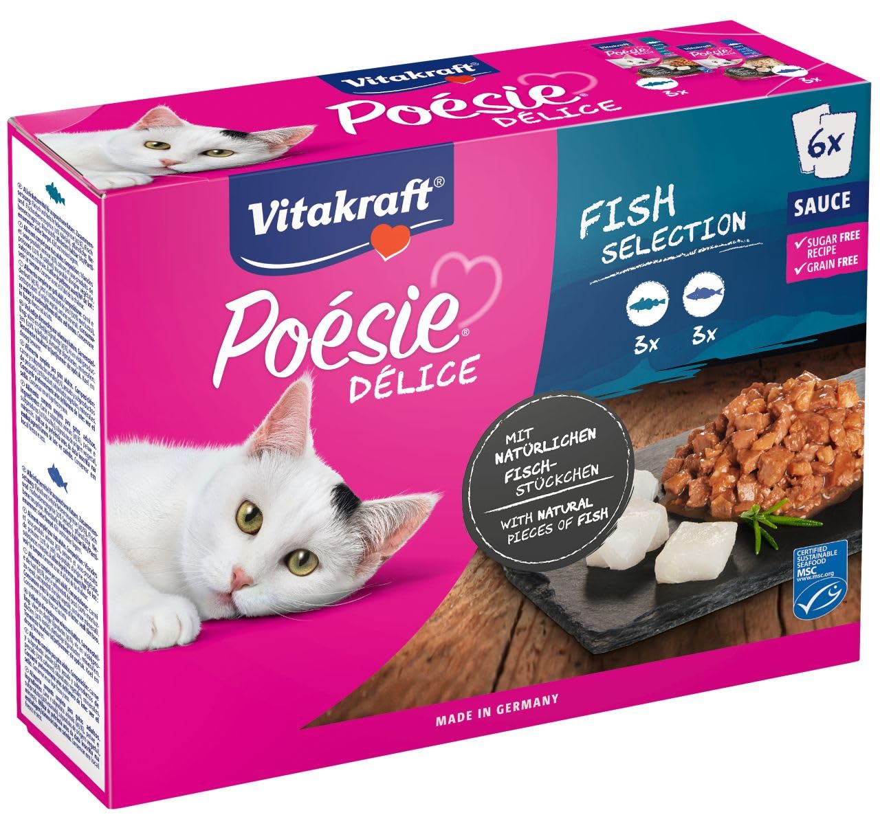 Vitakraft Poésie Délice, Selección Fish, wet cat food, wet food in sauce, with cod, no added sugar or cereals (1 pack of 6 x 85 g)