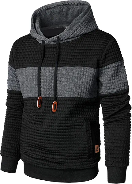 Qichic Men’s Sweatshirts Long Sleeve Pullover Patchwork Plaid Jacquard Hoodie Casual Drawstring Hoody Top