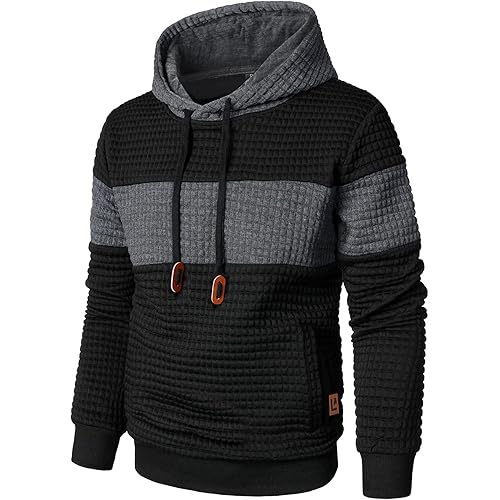 Men’s Sweatshirts Long Sleeve Pullover Patchwork Plaid Jacquard Hoodie Casual Drawstring Hoody Top
