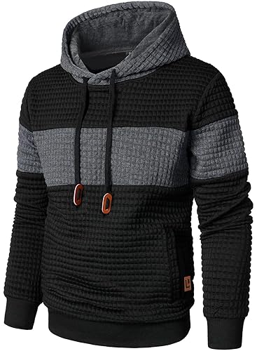Men’s Sweatshirts Long Sleeve Pullover Patchwork Plaid Jacquard Hoodie Casual