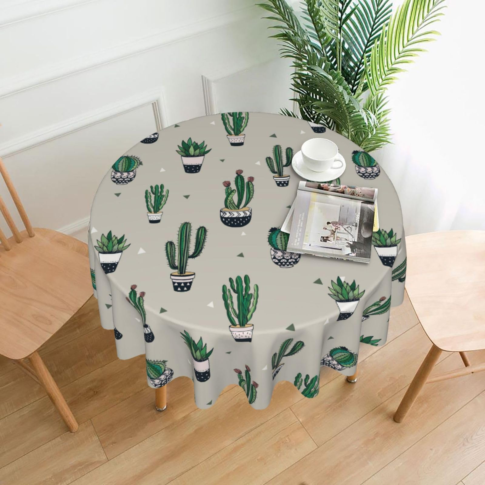 OXbnmm Green cactus. Print Soft Round Tablecloth 60in Polyester Washable Cover Cozy Gift for Mom Housewarming