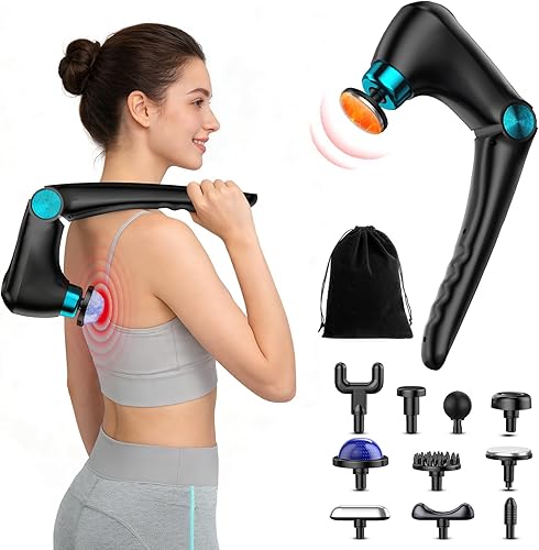 Foldable Massage Gun with Heat & Cold Therapy, Deep Tissue Percussion Muscle Massager with Adjustable Handle, 9 Speeds & 10 Attachments, Portable Back & Shoulder Massager for Pain Relief & Recovery
