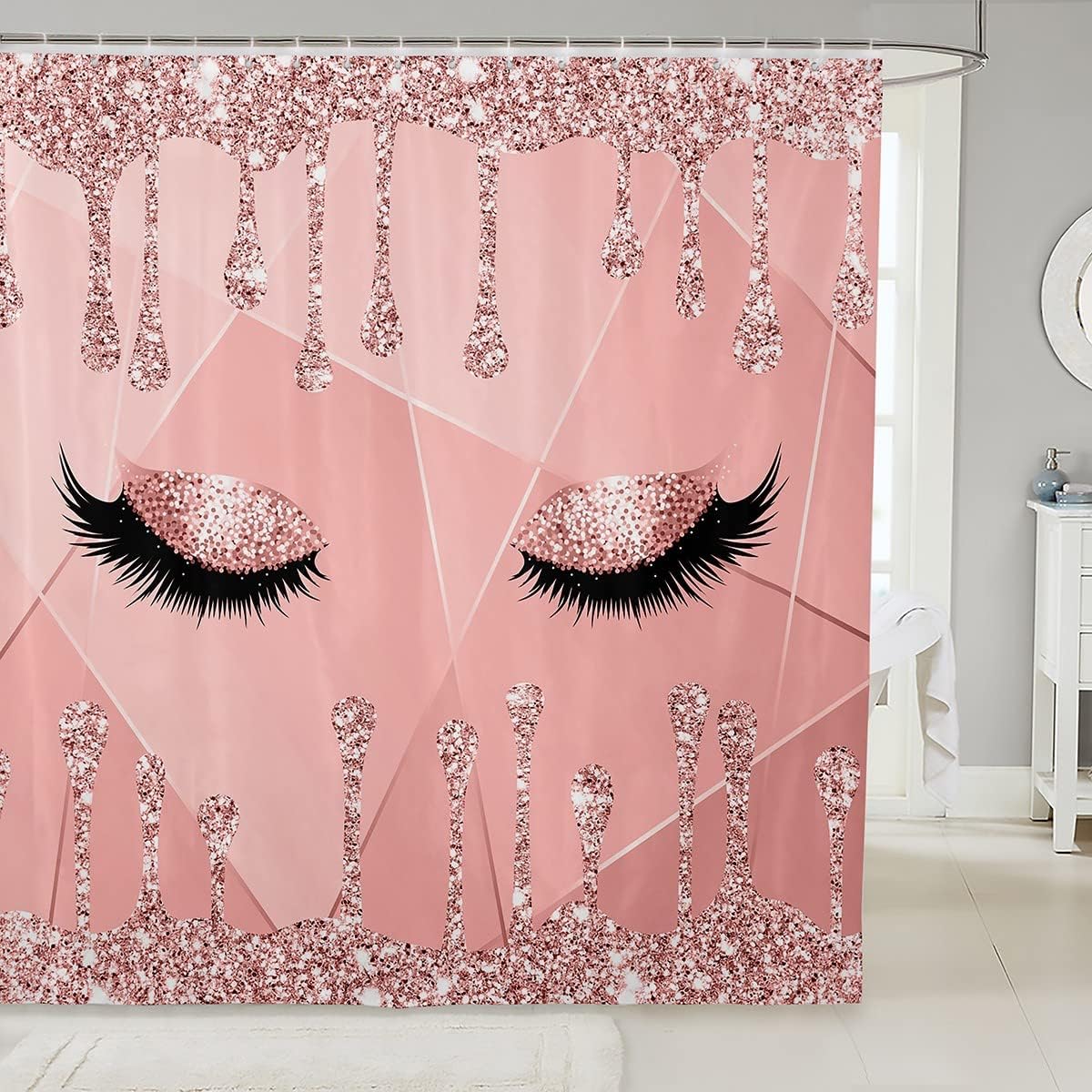 Feelyou Eyelash Bath Curtain Eyes Pattern Design Bathroom Shower Curtain Set Glitter Print (No Glitter) Jade Pink Shower Curtain for Kidss Modern Simple Lovely Bathroom Accessories Waterproo