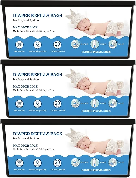 Diaper Refill Bags Compatible with Genie Easy Roll & Platinum Diaper Pails, 7-Layer Odor Control, Extra Thick, Holds up to 4200 Newborn Diapers,90 Bags