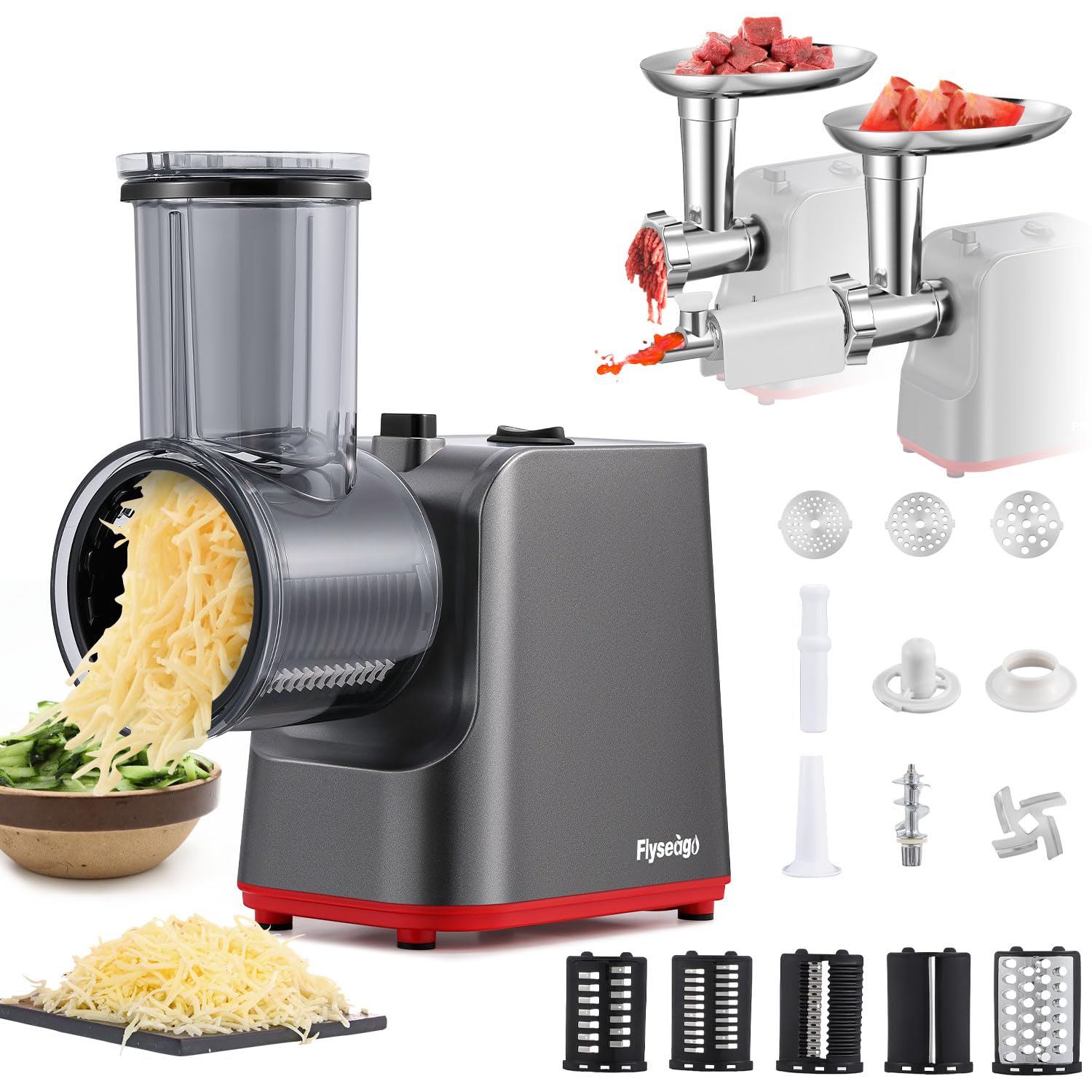 Flyseago Cheese Grater Electric Multifunctional Vegetable Shredder Meat Grinder Automatic Rotary Cheese Grating Machine Salad Maker with Sausage Stuffer Kubbe Kit Tomato Strainer 5 Slicer Blades