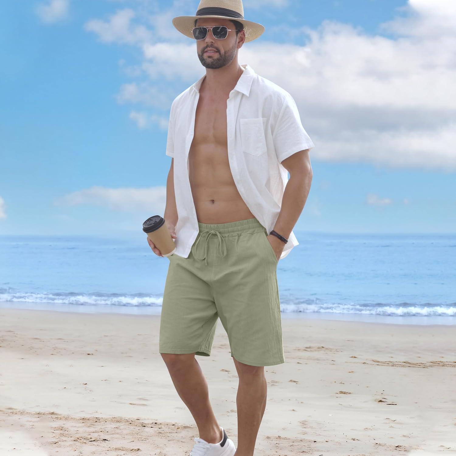 Mens Linen Shorts Casual Drawstring Elastic Waist Lightweight Breathable Summer Beach Shorts for Men - Image 4