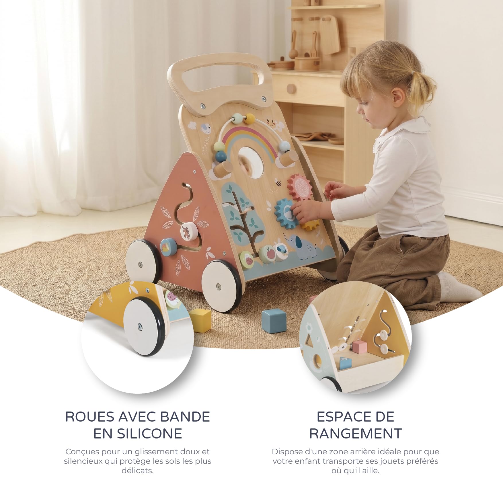 MS Montessori MIMO - Trotteur en bois pour bébé | Chariot de marche avec jouets et activités pour les premiers pas | Déambulateur bébé +12 mois