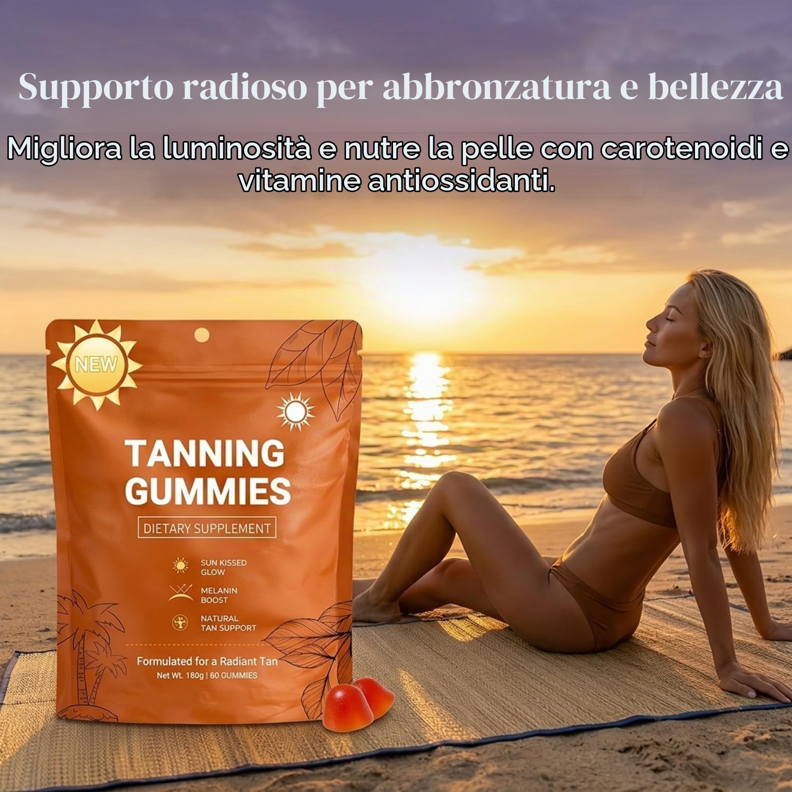 Tanning Gummies For Women, 2026 Abbronzatura Rapida Senza Sole, Astaxantina, Miscela di Beta-Carotene e Licopene, Luminosità e Idratazione Della Pelle per un Bagliore Naturale, 60 PC，3