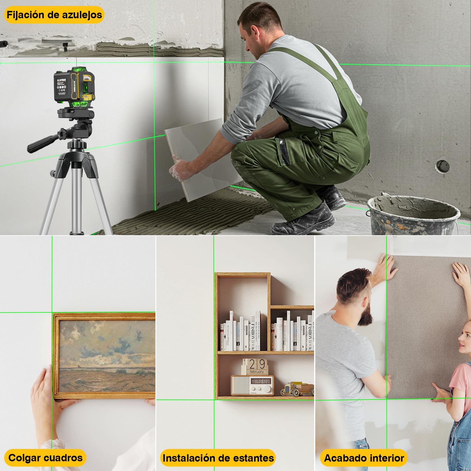 Alloyman MAX Nivel Láser Autonivelante 360° con Trípode, Nivel Láser Verde 4D de 16 Líneas, 2 Baterías Recargables, Montaje en Pared, Control Remoto, para Obras e Interiores