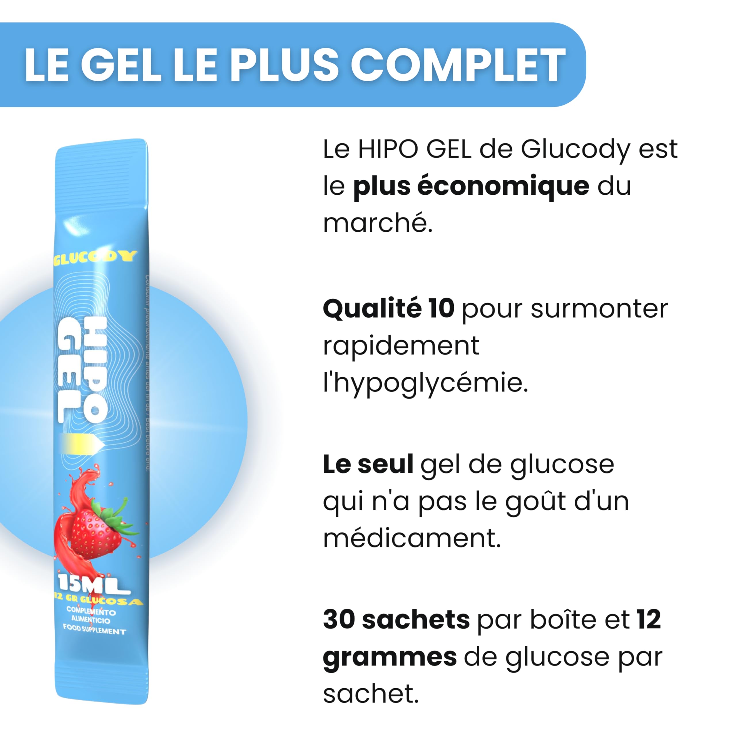 Gel de glucose pour l'hypoglycémie / 30 sachets de 12 g de glucose liquide à absorption rapide / 15 ml de glucose liquide pour soulager l'hypoglycémie chez les patients diabétiques