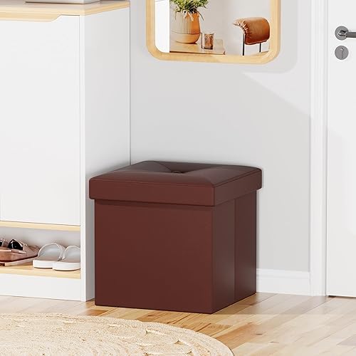 Miniatura 6 de VECELO Juego de 2 otomanas de almacenamiento, reposapiés, reposapiés, otomana plegable de 11.8 pulgadas, pequeño cubo cuadrado de almacenamiento