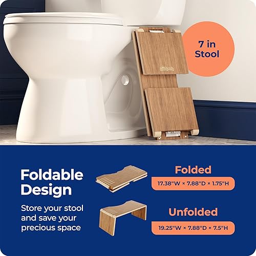 Vista 44 de Squatty Potty Oslo Taburete plegable de bambú – 7 pulgadas, taburete de baño plegable para niños y adultos – marrón, portátil y ahorro de espacio