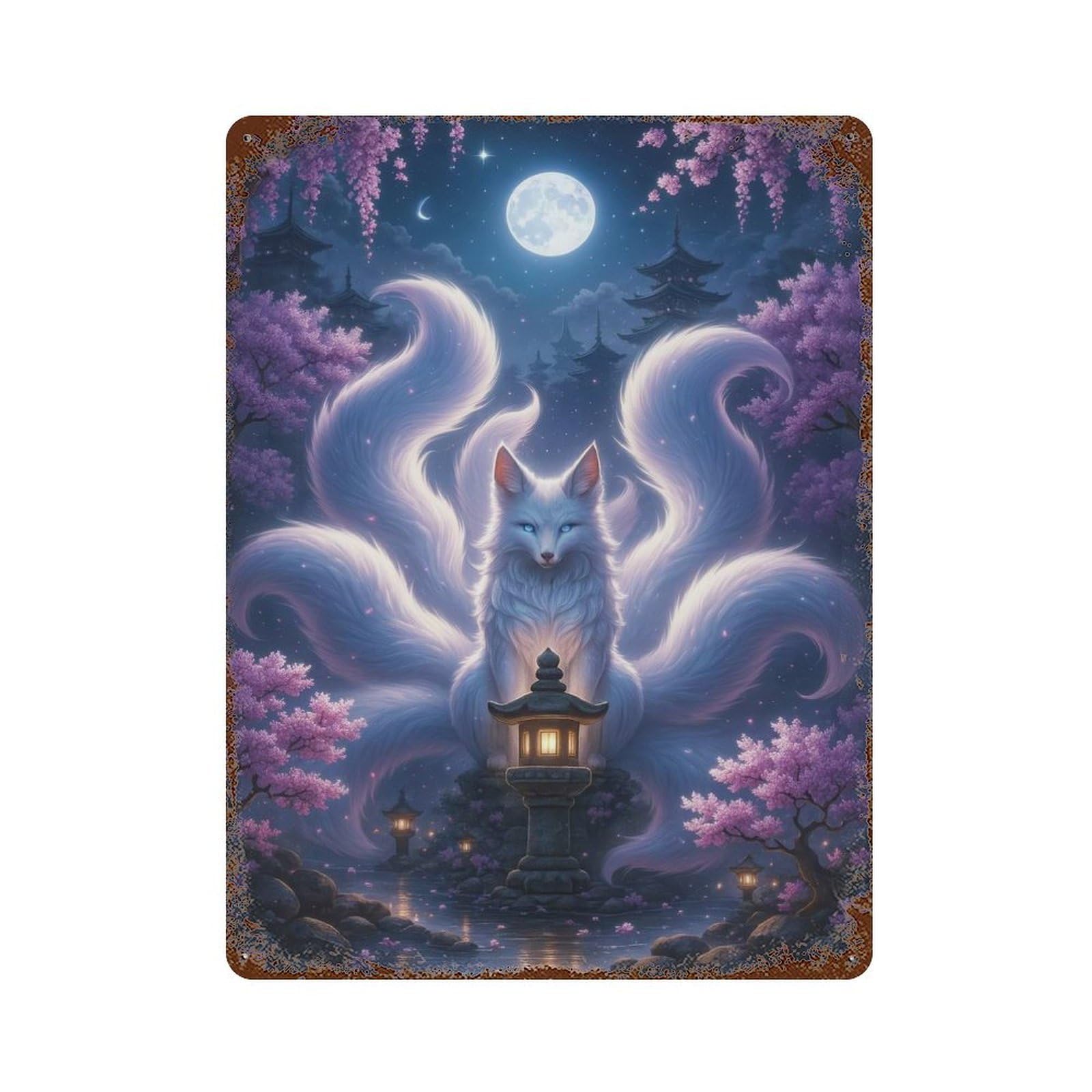 Garage Style Nine-tailed Fox in Moonlight Garden Distressed Metal Wall Sign 15.7"x11.8", Rustic Home Decor for Bar And Workshop