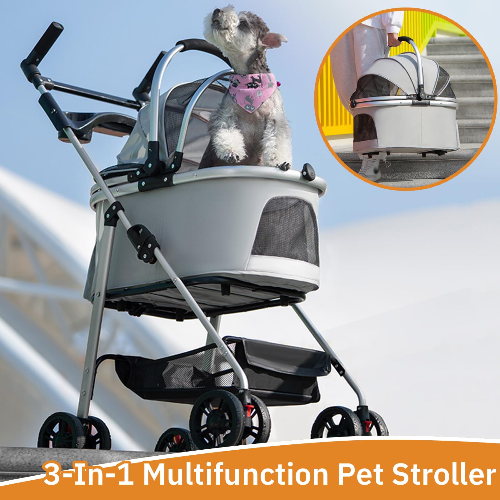 Carrito De Transporte 3 En 1 para Gatos, hasta 15 Kg, Carrito Portátil para Mascotas, Carrito para Perros con Ventana De Red Y Soporte para Bebidas para Gatos Pequeños Y Medianos