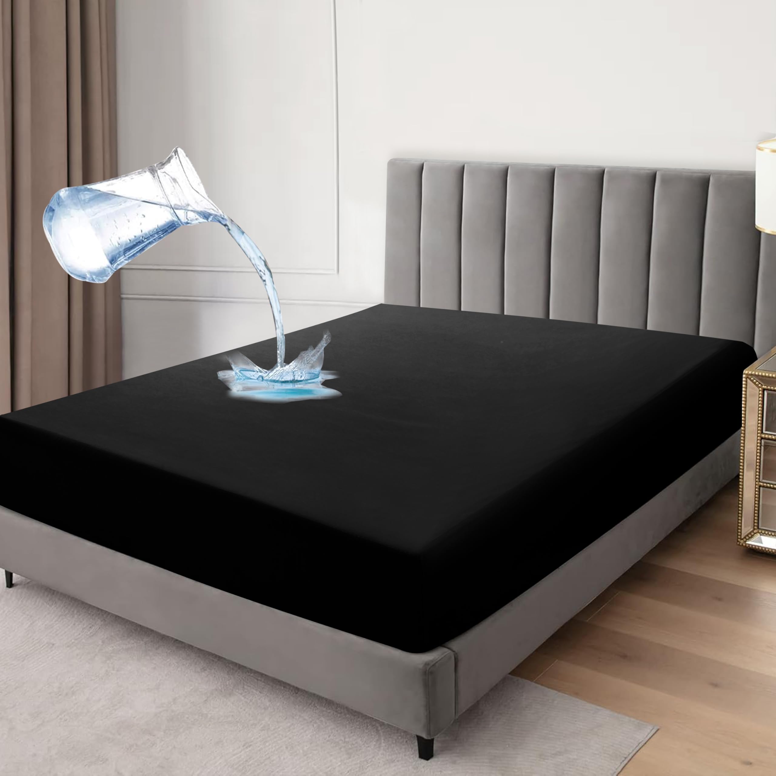 Waterproof Fitted Sheet Mattress Protector, Microfiber, Breathable Crinkle Free Deep Pocket 30cm Single Double King Super King (Black, Super King) โ image 1