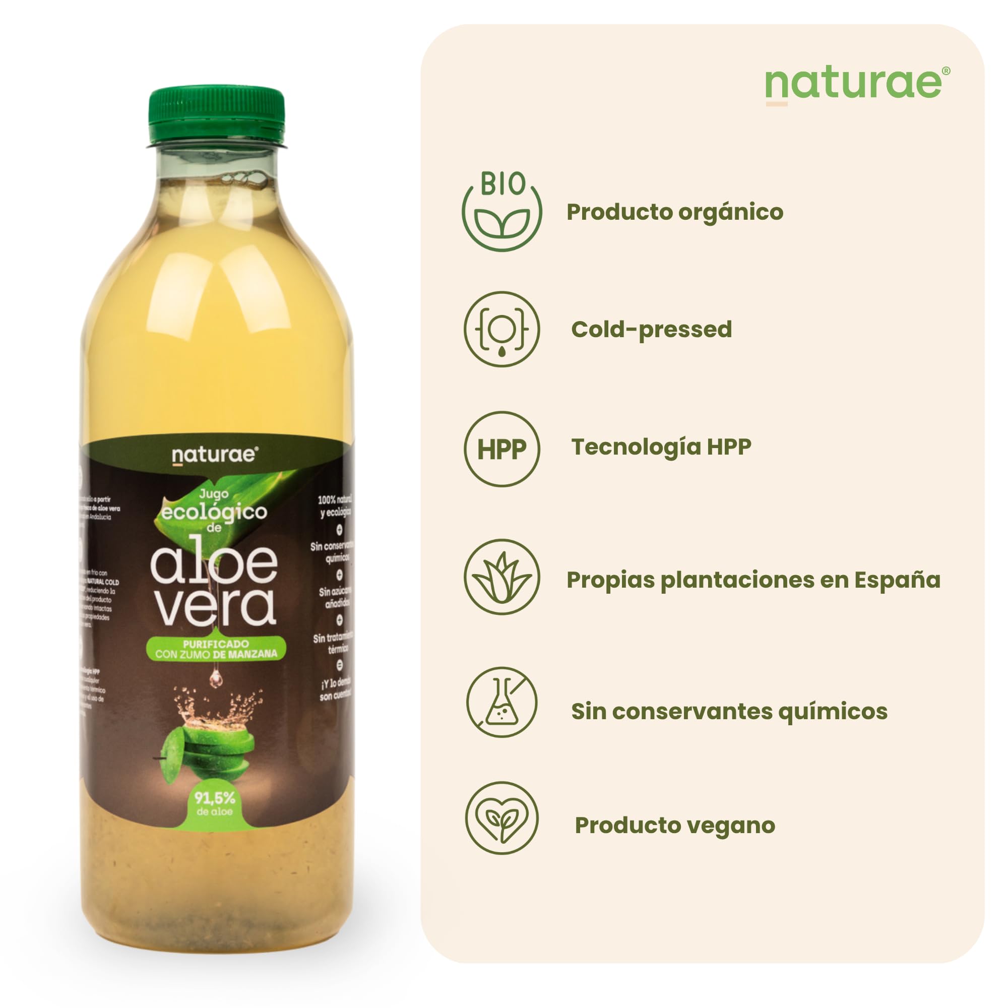 NATURAE – Jugo de Aloe Vera con Manzana – Refrescante y digestivo – Ecológico – Pack de 3 Botellas de 1L - Fabricado en España