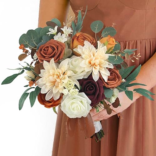Rinlong 1Pc Fall Wedding Bouquets for Bridesmaids Burnt Orange Terracotta