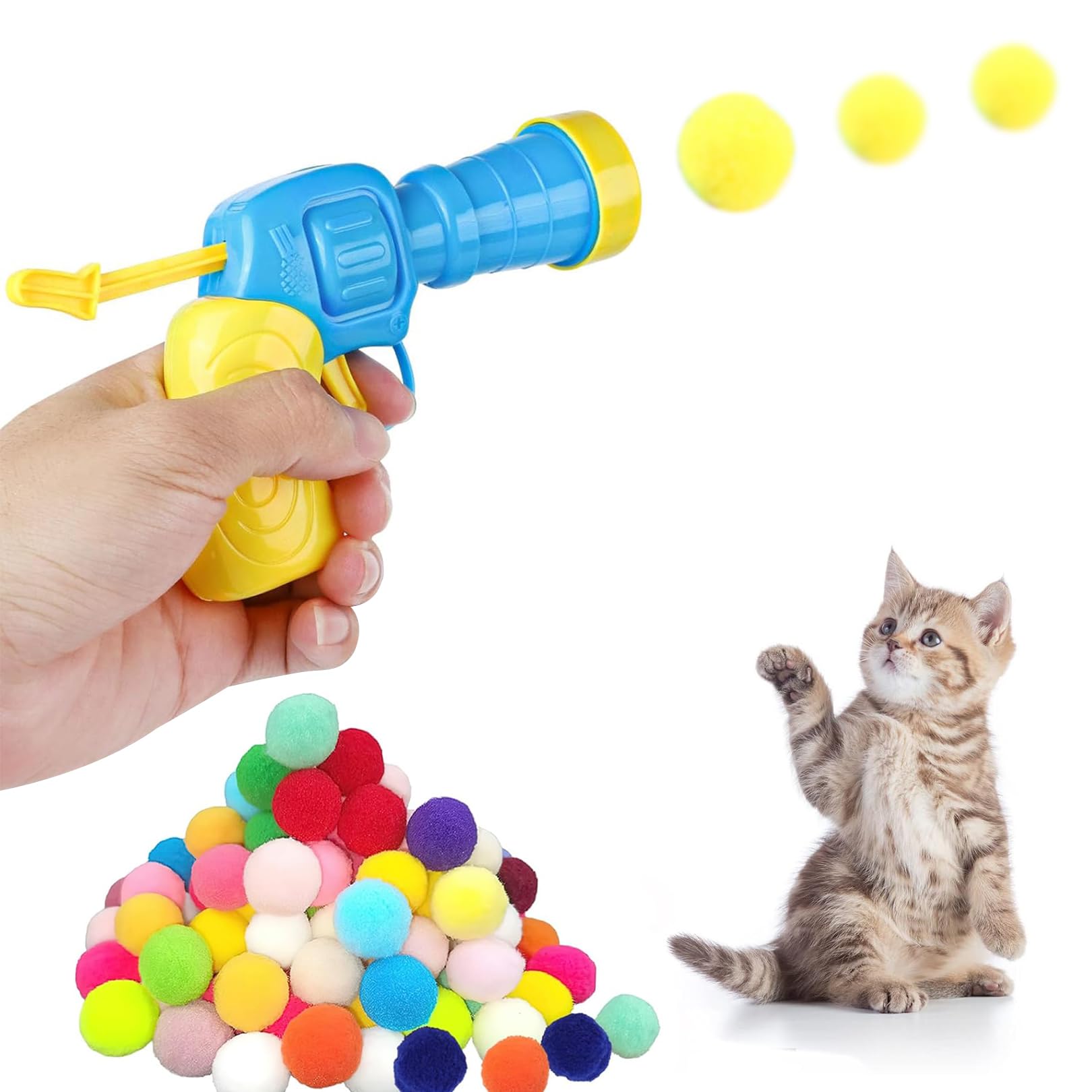 1 Piece Cat Ball Gun with 50pcs Soft Pom Pom Balls, Cat Ballss Toy Launcher, Interactive Cats Balls Launcher, Cats Shooting Toy Funny Interactive Catss Toys for Indoor Catsss Training Exercise Playing