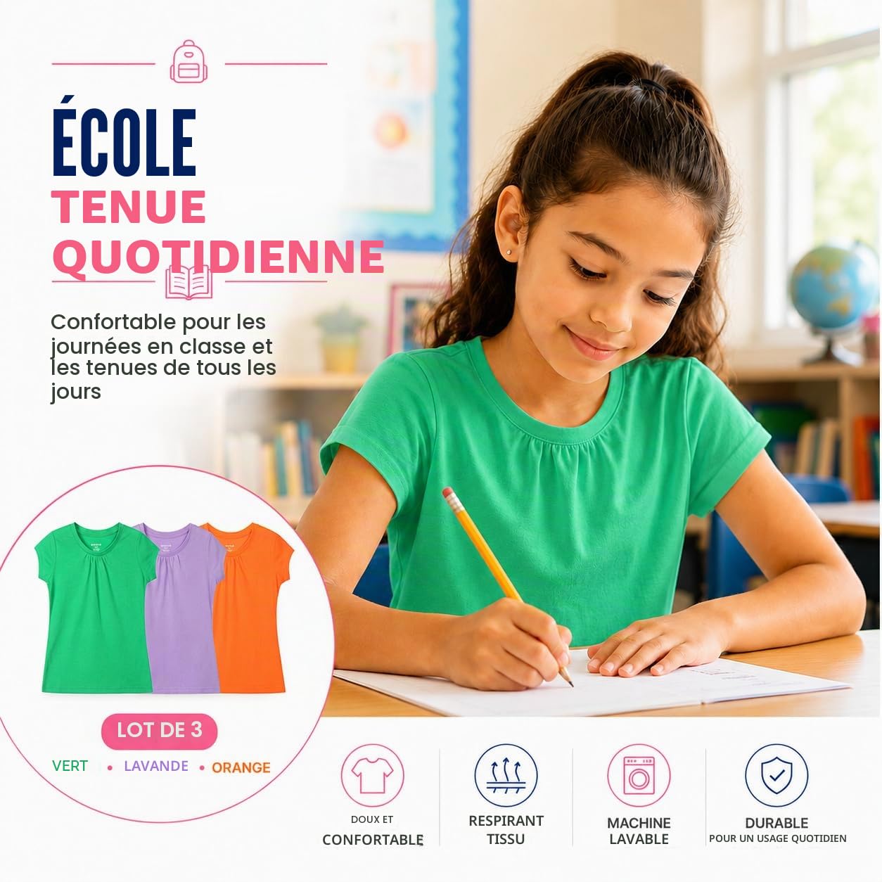 Bienzoe Fille Antimicrobien Séchage Rapide Manche Courte T-Shirt 3 pièces Pack