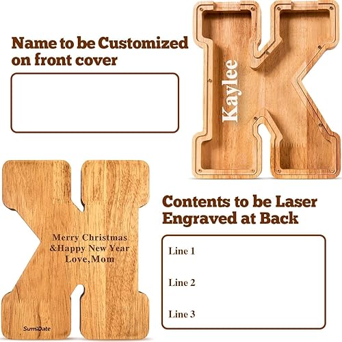 Miniatura 280 de SummiDate Alcancía de madera con nombre, niños y niñas, tamaño grande, letras alfabeto A-Z, monedas y billetes, inicial en cubierta transparente