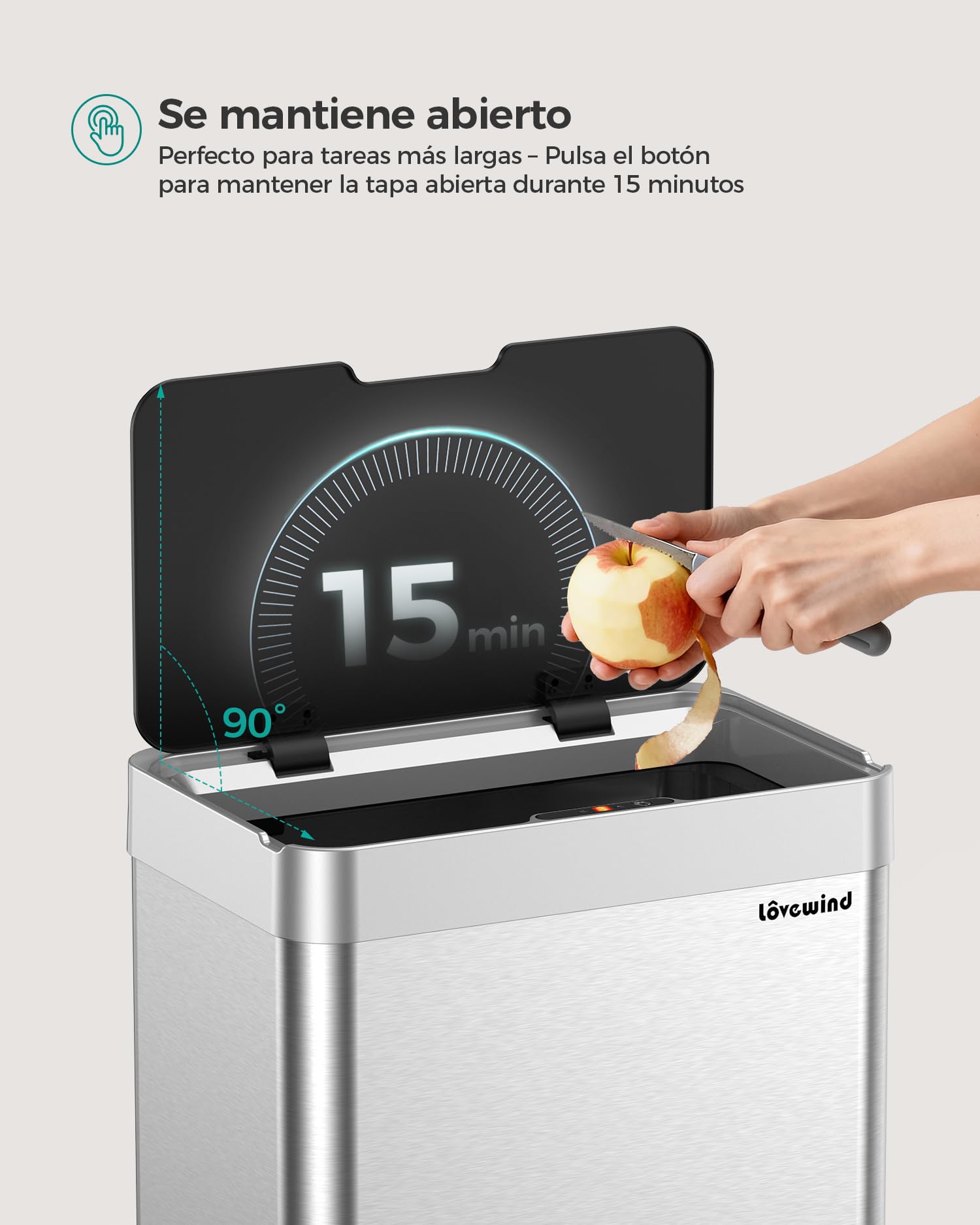 lovewind Cubo de Basura Cocina con Sensor 55L, Cubo Basura Automático Recargable con Puerto USB-C, Cubo de Basura Inteligente de Acero Inoxidable con Tapa, para Cocina y Oficina, Plata