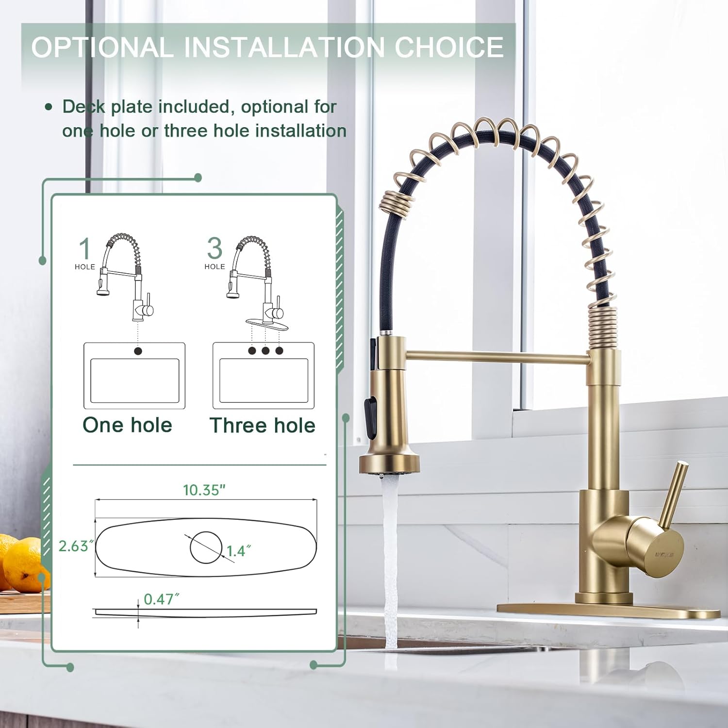 WEWE Brushed Gold Kitchen Faucet with Pull Down Sprayer, RV Brass Kitchen Faucet Stainless Steel Single Handle Spring Faucet with Deck Plate for Farmhouse Utility bar Laundry Sinks