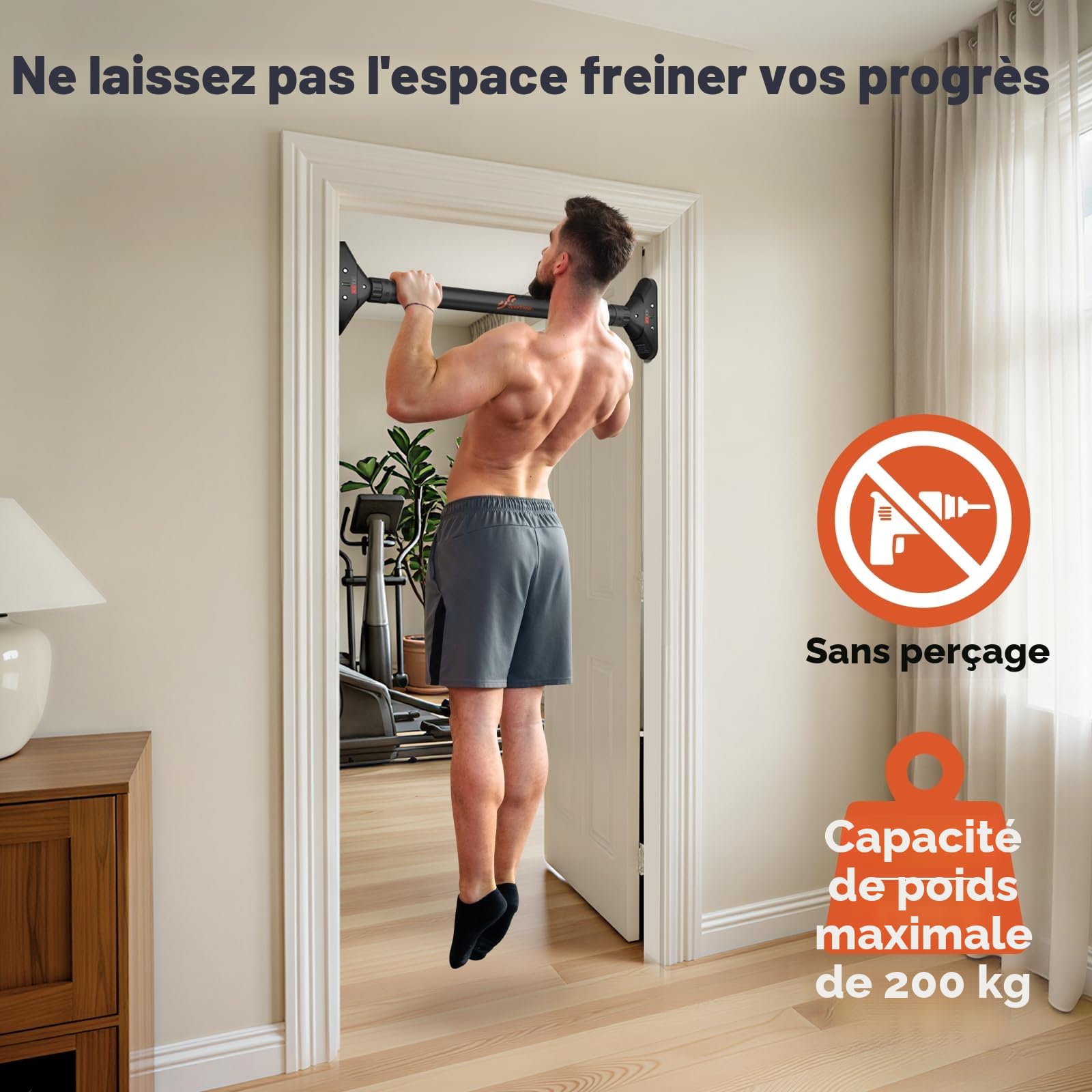 Sportneer Barre de Traction pour Porte sans vis - Barre de Traction réglable de 75 à 94 cm - Jusqu'à 200 kg