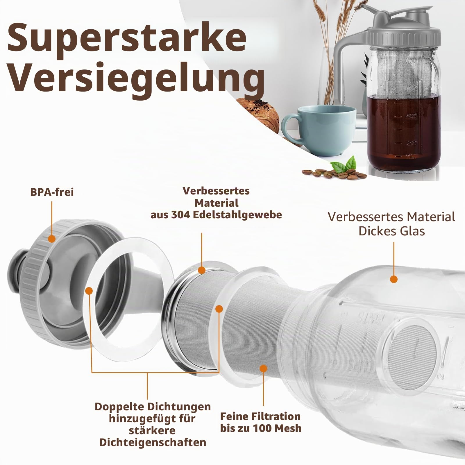 Kaltgebrüh-Kaffeemaschine mit grauer Abdeckung, 800 ml Glaskaraffe mit Edelstahlfilter, luftdichter Deckel