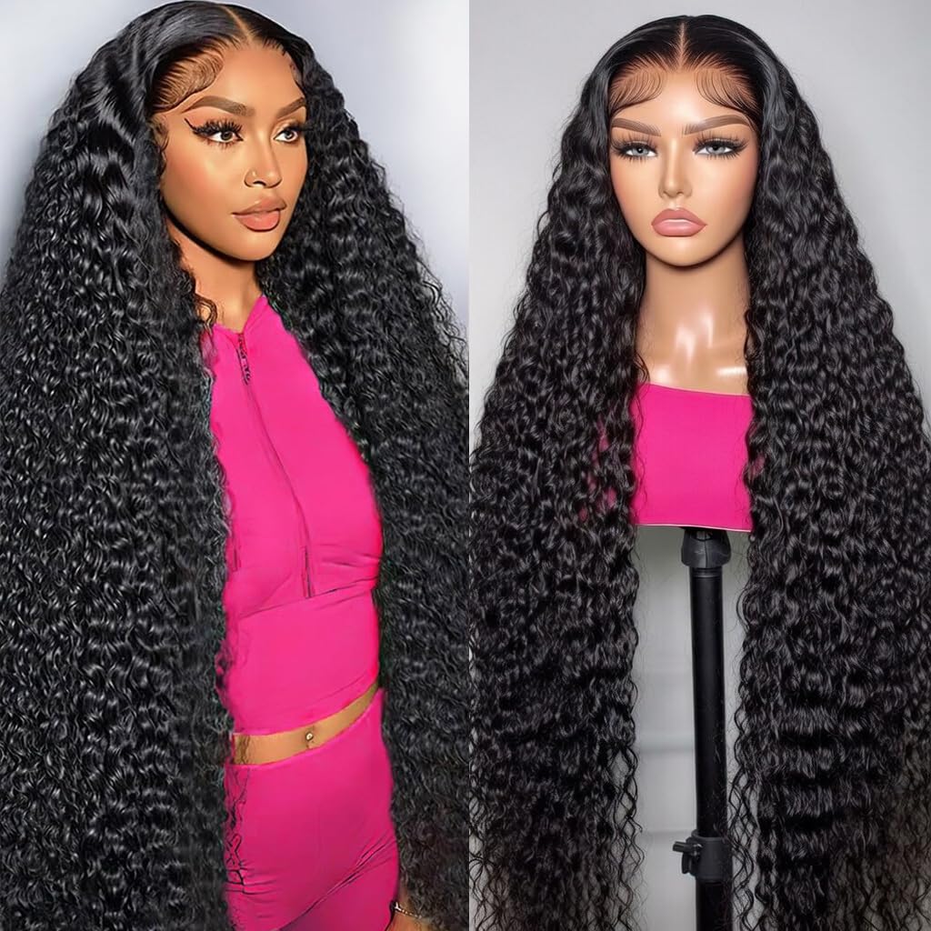 mengkai 13x6 Drawstraing Deep Wave Glueless Lace Front Wigs Human Hair Pre Plucked Water Wave Glueless Flexi-Fit Drawstring 13x6 Frontal Lace Fluffy Curly Lace Front Human Hair Wigs Pre-Cut 16 Inch