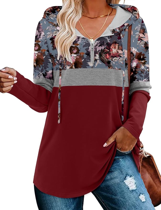 BETTE BOUTIK Womens Quarter Zip Tunic Hoodies Pullover Long Hooded Sweatshirts S-3XL