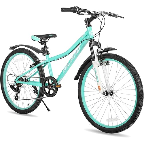 HILAND 24 Inch Mountain Bike for Kids Age 7-15 Year Old, Front Suspension Fork Kid's Bicycles for Boys Girls Mint Green