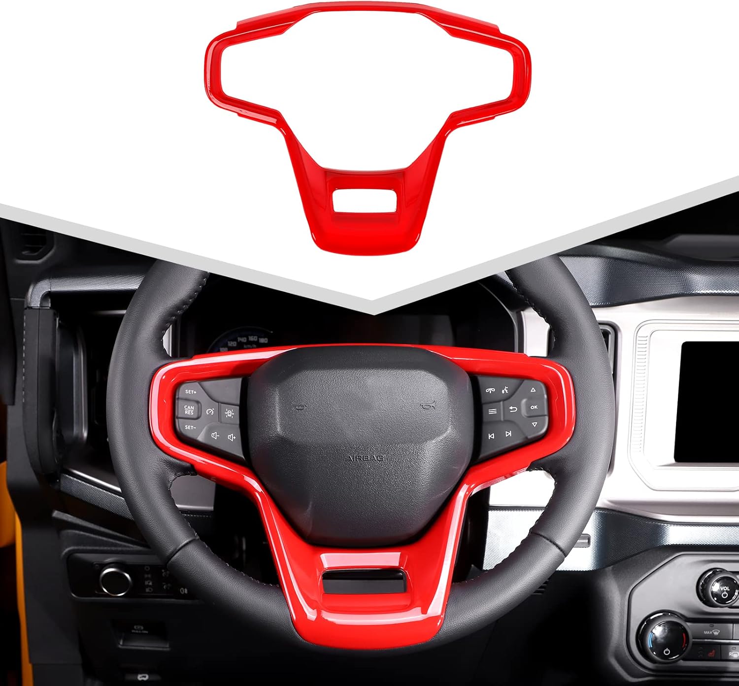 Jimen Compatible with Ford Bronco 2021-2023, Steering Wheel Cover Trim Frame Sticker (Red)