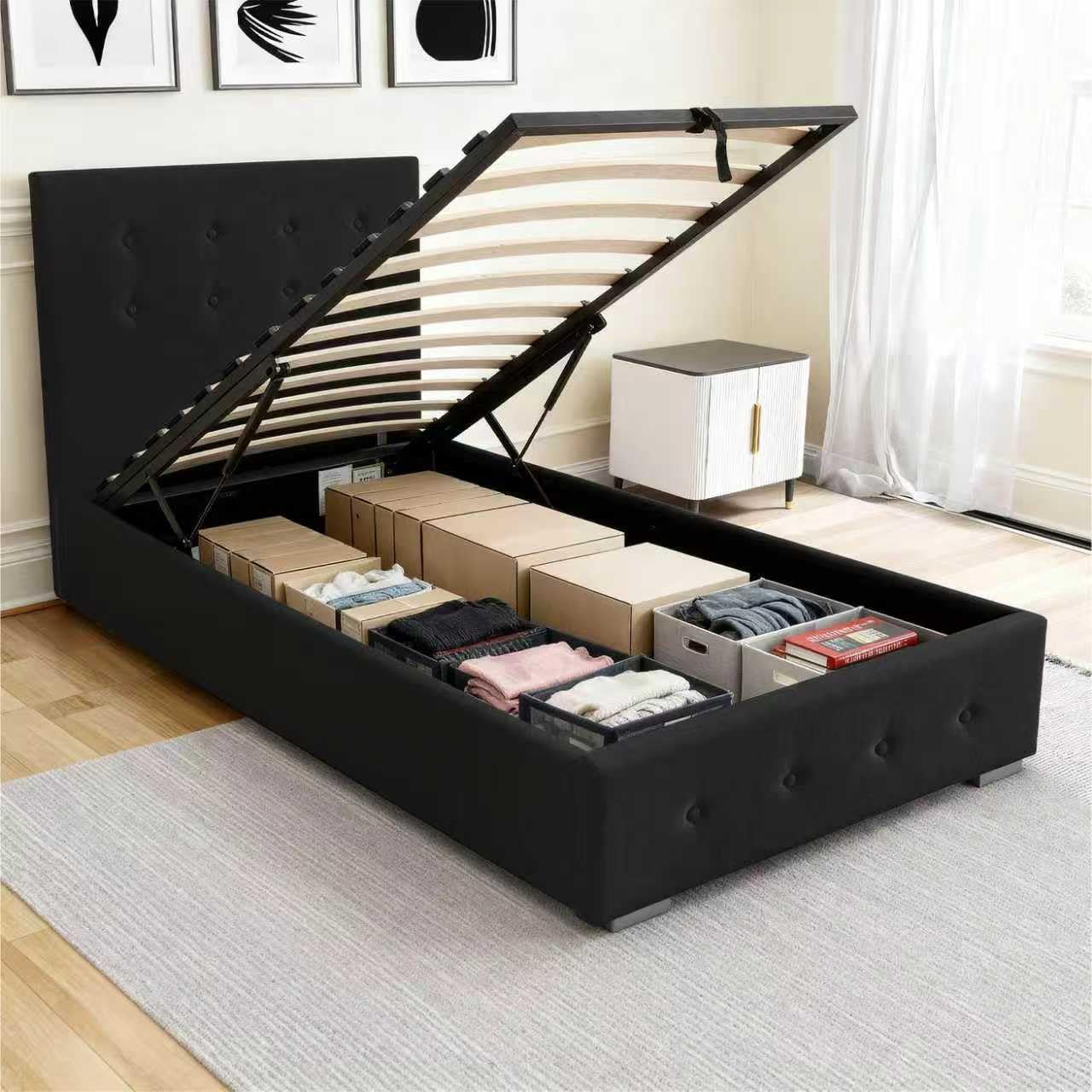 Comfy Living 3ft Single Ottoman Bed Frame with Hydraulic Lift-Up Storage, Platform Bed Base with Linen Fabric Upholstered Headboard & Wooden Slat Support, Black