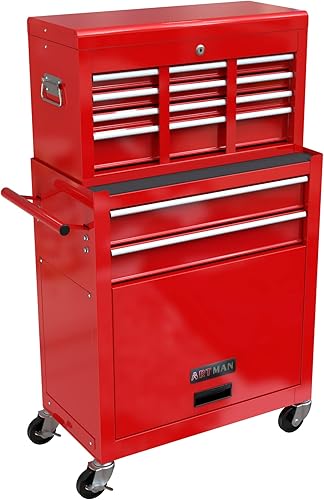 Miniatura 9 de TIOPLY Armario de herramientas, 8 cajones de alta capacidad con ruedas, caja organizadora de almacenamiento de herramientas con cerradura con