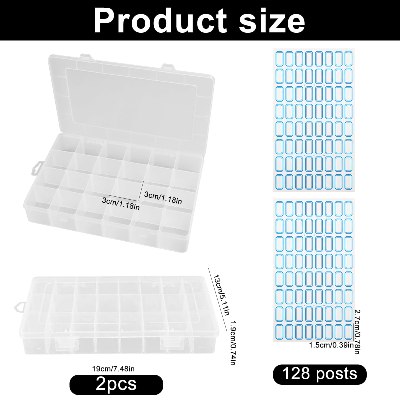 2 Scatole Portaoggetti In Plastica Trasparente Con 24 Scomparti Regolabili, Divisori E 128 Etichette, 19,5x13,2x3,5 Cm - 2