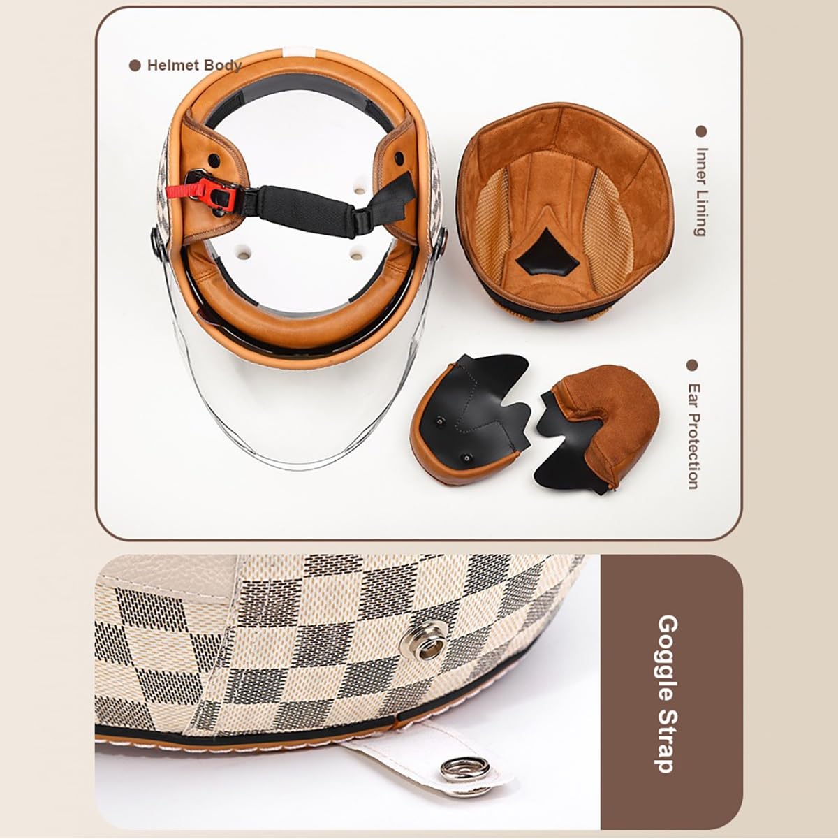 EBAYIN Casco Moto Vintage Retro Abierto, Casco Moto Jet Casco Vintage con Bluetooth Ciclomotor, Casco Scooter Doble Visera, Homologado ECE For Hombre Y Mujer(D,M=(57~58cm))