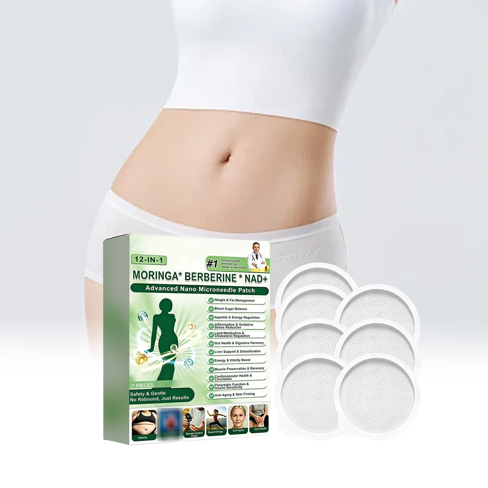 Moringa x Berberine 12 w 1, plaster odchudzający Nano Microneedle | Nano Microneedling niewidoczny - płaski brzuch łatwy w aplikacji, niewidoczny pod ubraniem, idealny dla mężczyzn