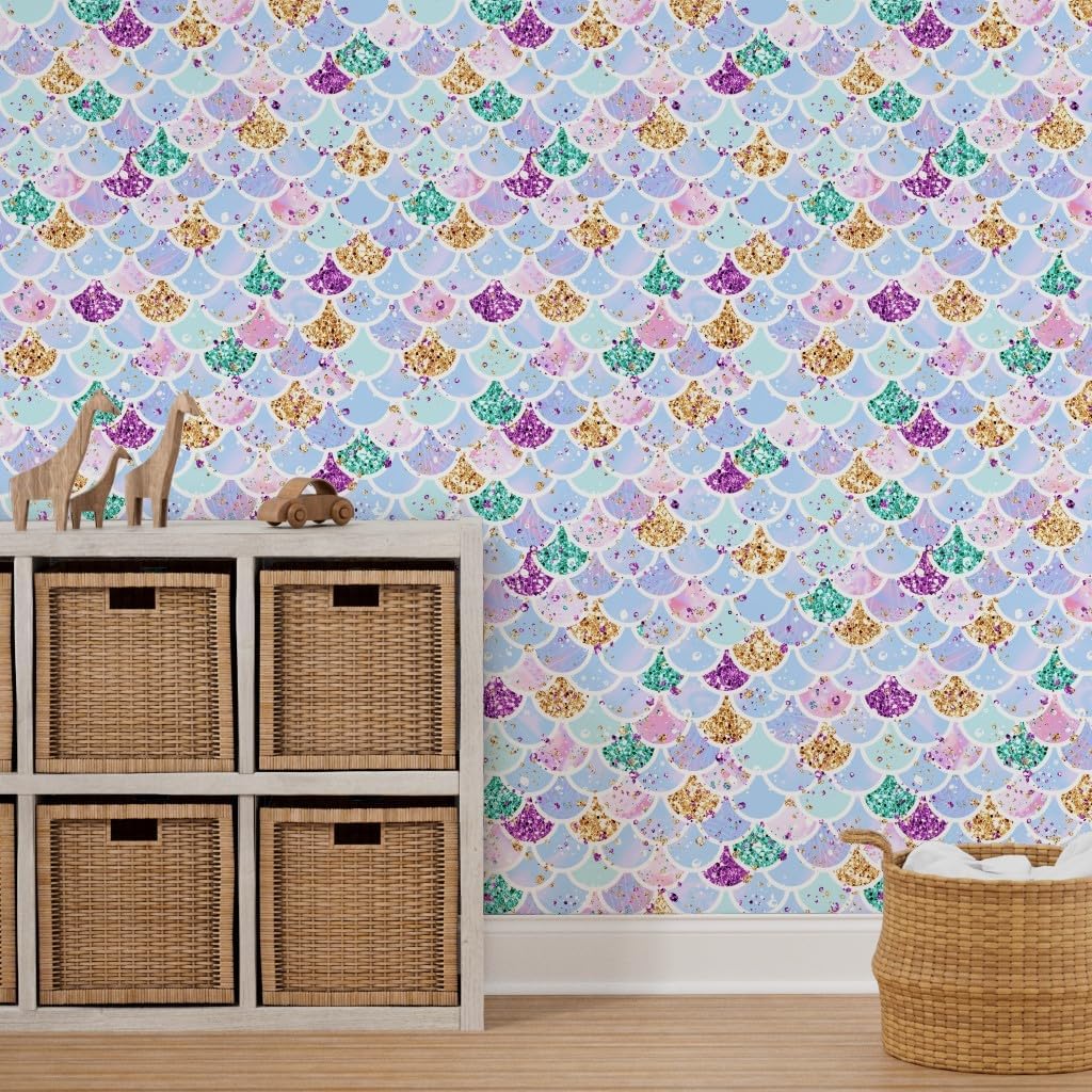 Peel & Stick Wallpaper 3ft x 2ft - Mermaid Scales Aqua Custom Removable Wallpaper by Spoonflower
