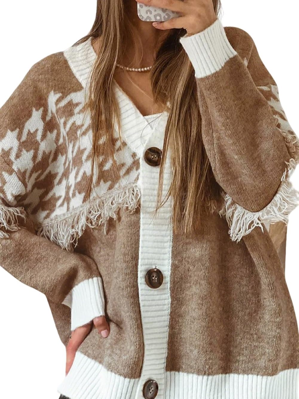 CHARTOU Women Color Contrast Knitted Cardigan Sweater Oversized Houndstooth Tassels Button Down Sweater Coat