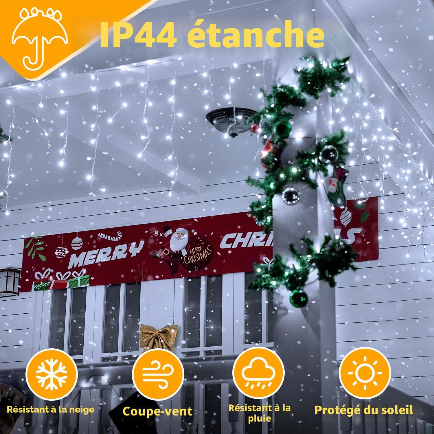 Ollny Pluie Verglaçante Guirlande Lumineuse Extérieure 15M Guirlande Lumineuse Extérieure avec Télécommande Étanche Lumières de Noël Extérieures blanc froid