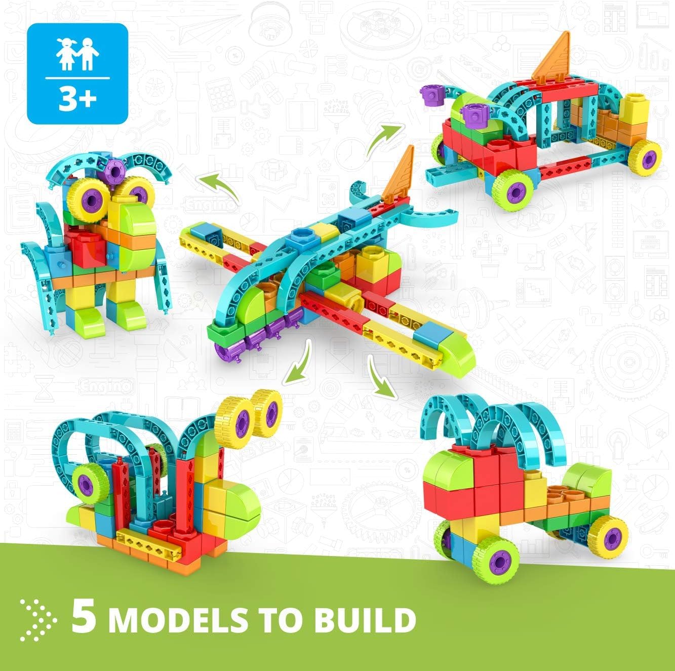 Engino: Qboidz Airplane - 5 Model Brick Building Set, Toy Construction, Coloring & Math Activities, Stack & Click Assembly, STEM Play & Learn, Kids 3+