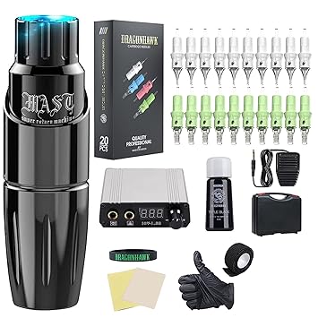 Dragonhawk Rotary Tattoo Pen Machine Kit, Mast Tour Tattoo Pen Power Supply 10Pcs Cartridges Kit with Case