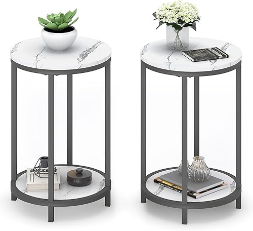 Miniatura 12 de WiberWi Juego de 2 mesas auxiliares redondas, mesa auxiliar moderna con marco de metal dorado y parte superior de mármol sintético, mesita de noche