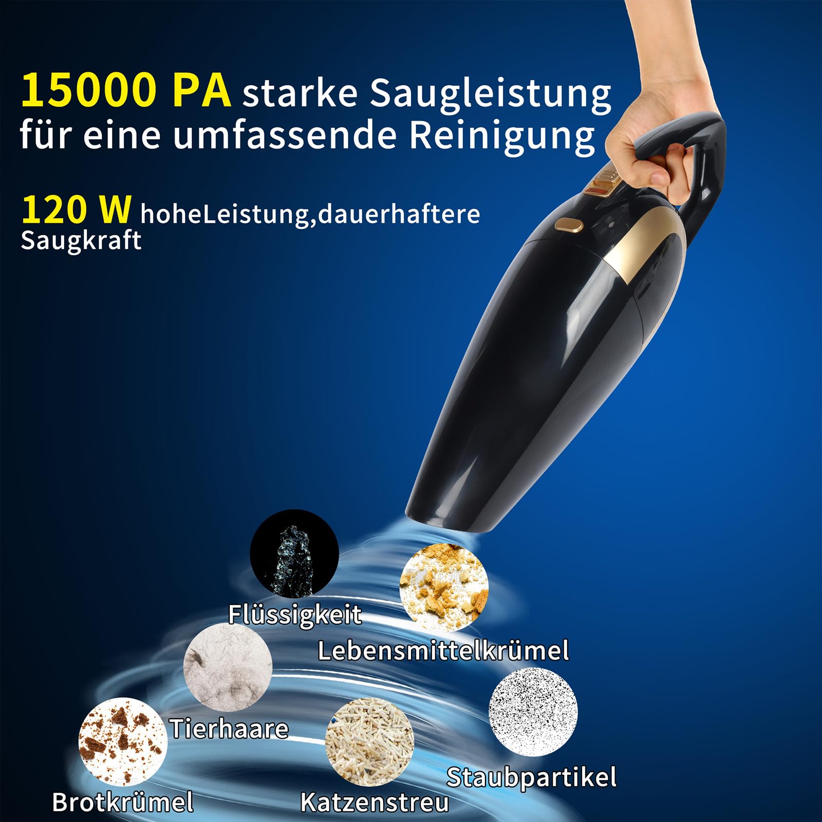 LIKE SHOW Aspiradora de mano inalámbrica y portátil, 15000 pa, aspiradora inalámbrica para coche, 120 W, mini portátil, recargable, batería