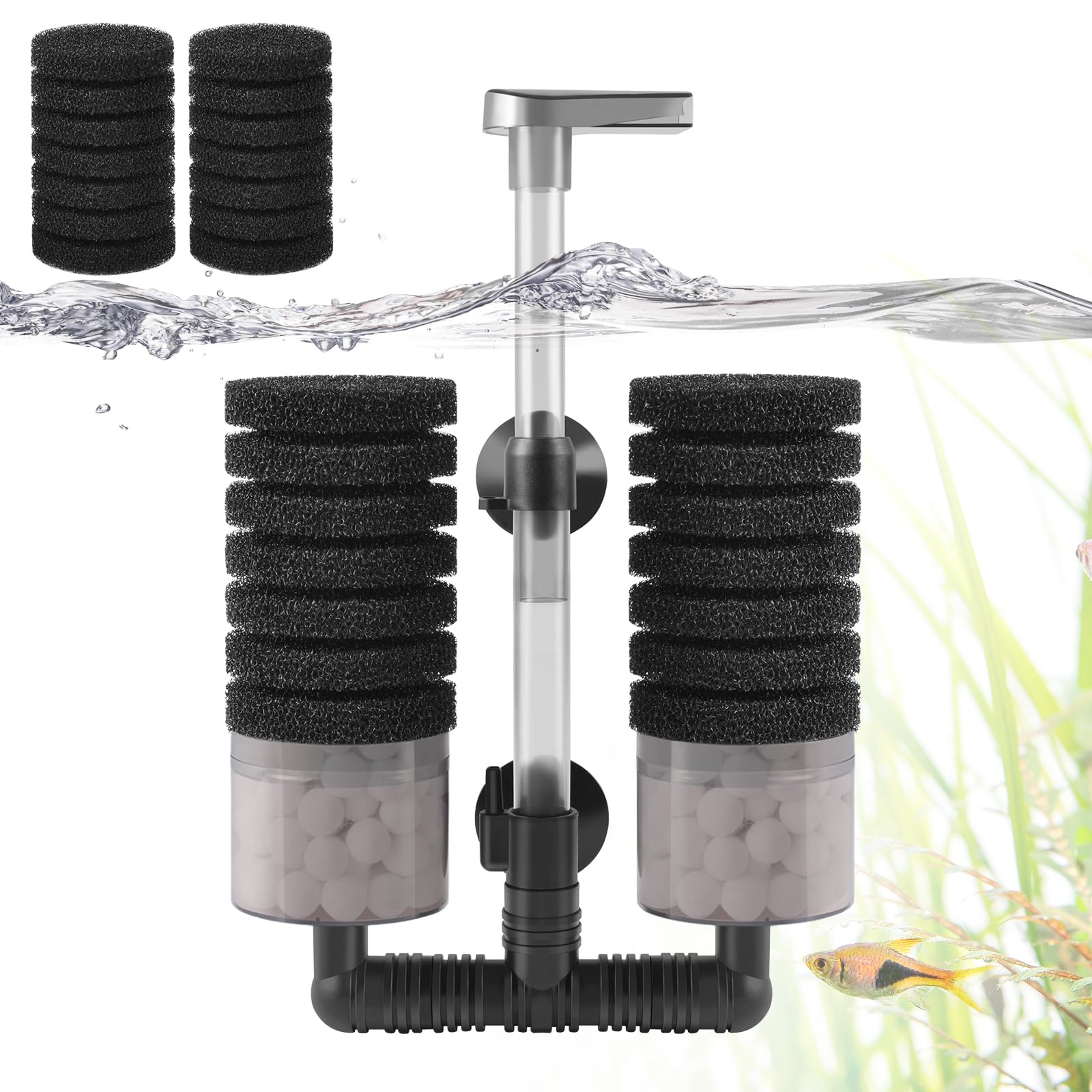 VILLNO Air Powered Aquarium Sponge Filter with Biochemical Sponge and Ceramic Balls