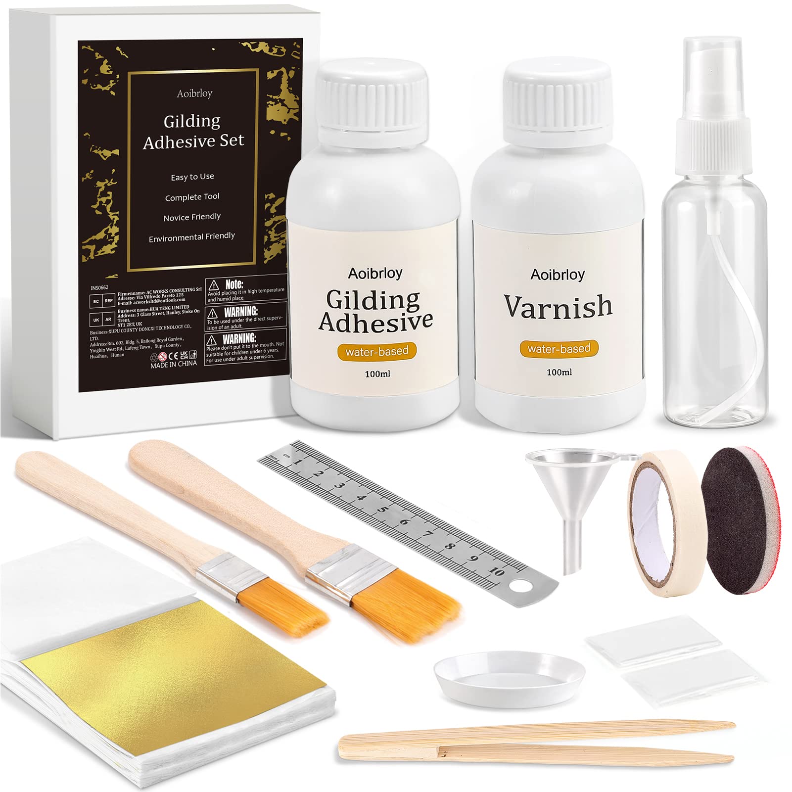 Aoibrloy 200ml Gilding Adhesive Set with 100 Sheets Gold Leaf, Water-Based Varnish and Gilding Adhesive for Gold Leaf, Craft Supplies, Decoration