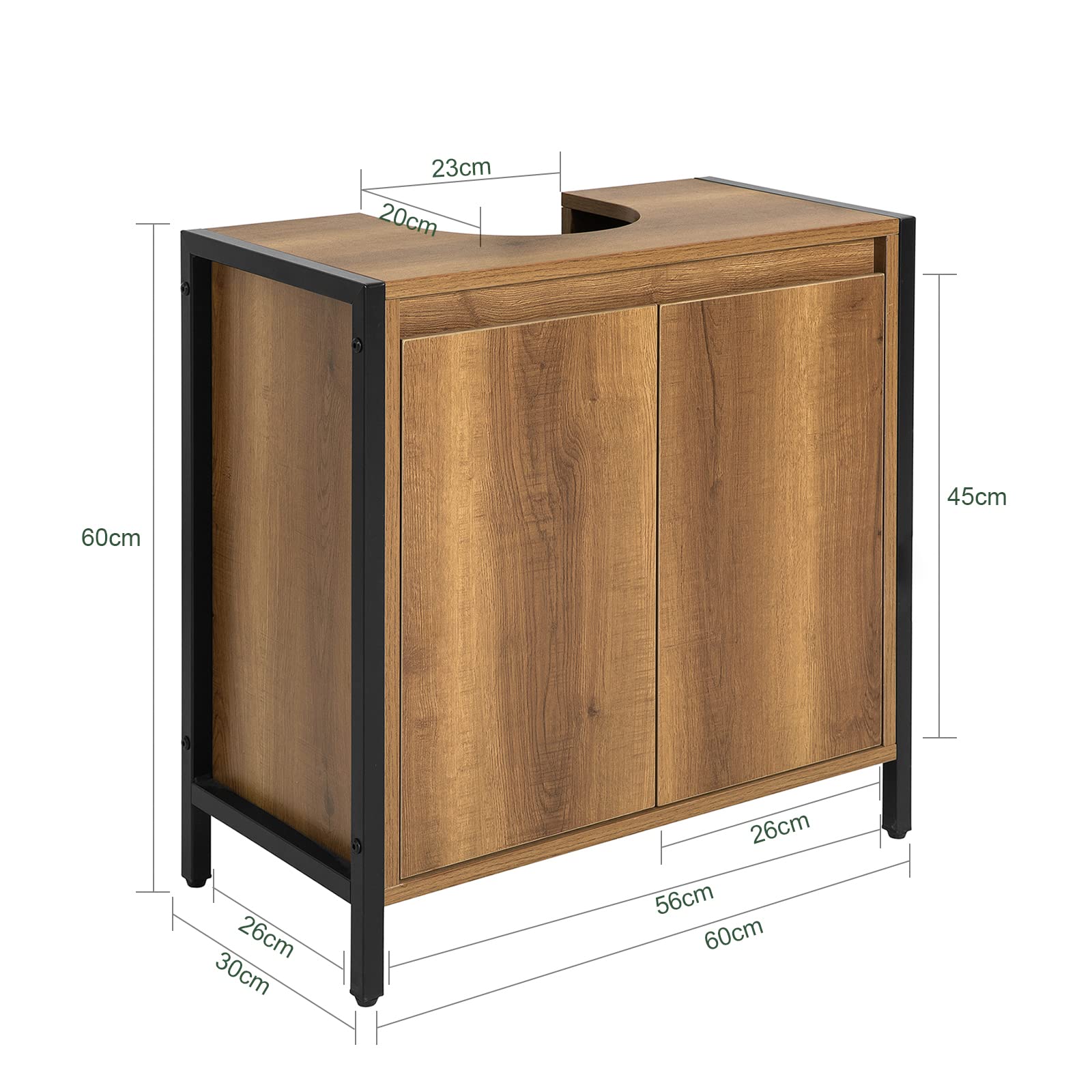 SoBuy Waschbeckenunterschrank Schrank Badmöbel Badezimmer Unterschrank Holz mit 2 Türen und Regal, waschtischunterschrank schmal stehend Badunterschrank für kleine Bäder WC 60x60x30 cm BZR63-PF